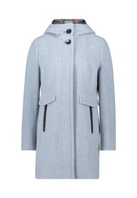 Hellblauer Mantel mit Kapuze, zwei Fronttaschen und schwarzen Reißverschlussakzenten. Mit einem karierten Muster innen an der Kapuze.