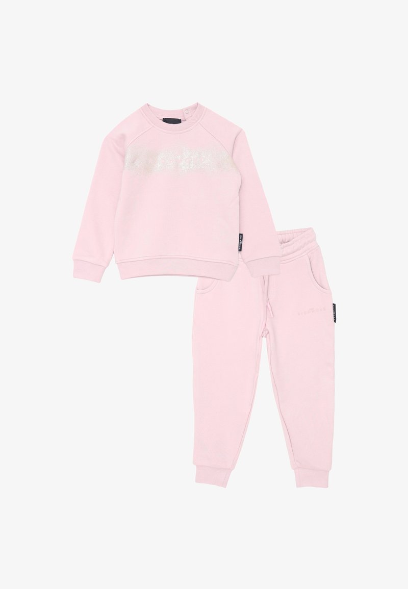 Felpa di cotone rosa con un design testuale glitterato sul davanti, abbinata a pantaloni jogger coordinati con vita elasticizzata.