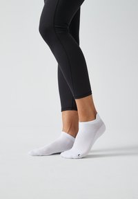 Persoon in zwarte legging en witte kortere sportSokken die op een lichtgrijze ondergrond staat.