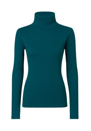 Maglia a maniche lunghe color teal con collo alto, realizzata in tessuto morbido, design aderente, texture liscia e priva di motivi o accenti visibili.