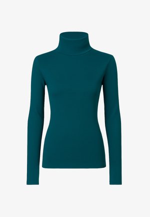 Maglia a maniche lunghe color teal con collo alto, realizzata in tessuto morbido, design aderente, texture liscia e priva di motivi o accenti visibili.