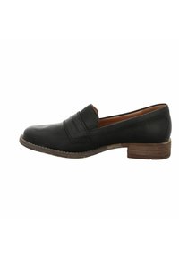 Schwarze Lederloafer mit niedrigem Holzabsatz, dekorativer Naht auf dem Obermaterial und einer glatten, strukturierten Oberfläche.