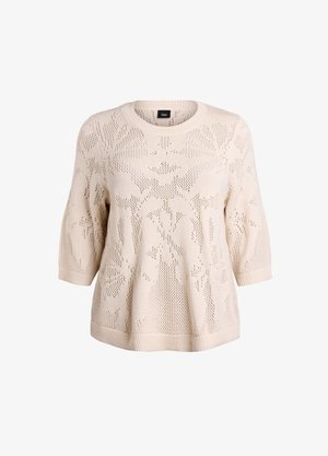 Jasnobeżowy sweter dziany z kwiatowym wzorem, okrągłym dekoltem i rękawami o długości trzy czwarte z prążkowanymi mankietami.