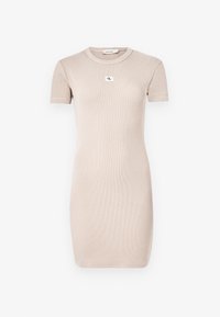Beige ribbed dress with short sleeves and a fitted design. Features a small logo tag centered on the chest. Smooth texture.