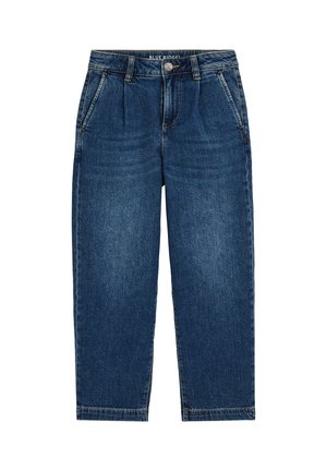 Blå high-waist jeans med lige ben, forlommer, bæltestropper, knaplukning og diskrete falmede detaljer langs lårene.