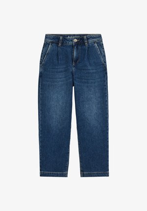 Jean bleu taille haute à jambes droites avec poches avant, passants pour ceinture, fermeture à boutons et détails subtils délavés le long des cuisses.