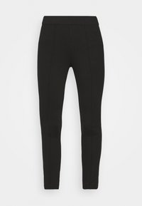 Svarta leggings med en slät textur och passform; har en bred midjeband och subtila sömdetaljer längs benen.