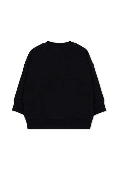 Sweat-shirt noir à manches longues avec col rond, poignets et ourlet côtelés, montré de dos sur un fond blanc.