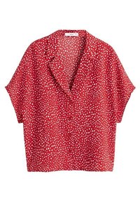Rode blouse met korte mouwen en een kraagontwerp, met een wit gesprenkeld patroon en knoopsluiting aan de voorkant. Gemaakt van lichte stof.