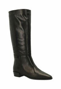 Botte noire en cuir, haute jusqu'au genou, avec un bout pointu et un petit talon carré ; texture lisse et design minimaliste sans matériel visible.