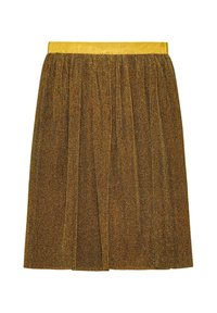 Kultahipun laskostettu hame, joka on valmistettu kimaltavasta kankaasta ja jossa on sileä keltainen vyötärö. Rakenteellinen pinta, jossa on metallisia yksityiskohtia.