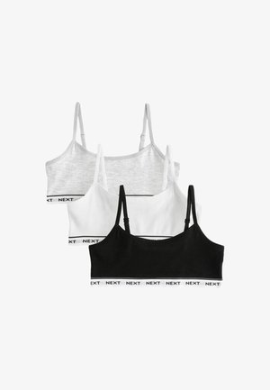 Drei Bralettes aus einer grauen, weißen und schwarzen Baumwollmischung mit verstellbaren Trägern und einem elastischen Band mit Markenaufdruck, auf dem der Text "NEXT" steht.