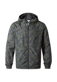 Water-resistant jacket in a dark green camouflage pattern with a zip front, adjustable hood, and elasticized cuffs. Lightweight, breathable material.