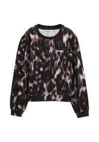 Schwarzer Pullover mit einem strukturierten, abstrakten lila und braunen Muster. Hat einen runden Halsausschnitt und lange, leicht gepuffte Ärmel.