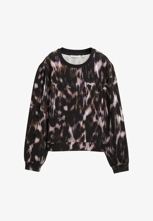 Svart sweatshirt med ett texturerat, abstrakt mönster i lila och brunt. Har rund halsringning och långa, något puffade ärmar.