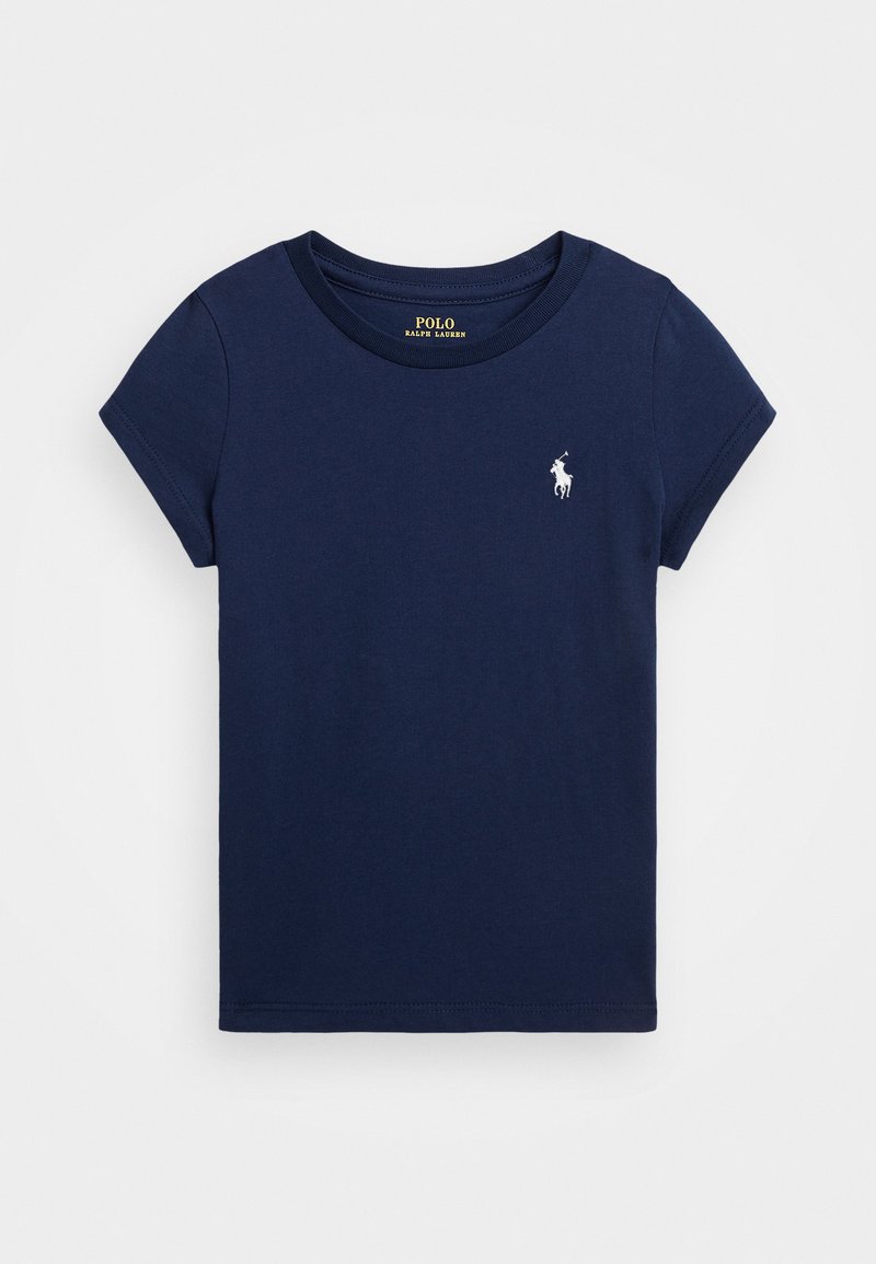 Marineblaue Kurzarm-T-Shirt aus weichem Baumwollmaterial, mit Rundhalsausschnitt und einem kleinen weißen gestickten Logo auf der linken Brust.