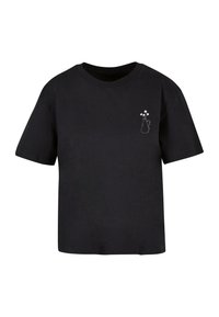 Sort bomulds t-shirt med korte ærmer, med en hvid kontur af en vase med blomster på venstre brystområde. Enkel og afslappet design.