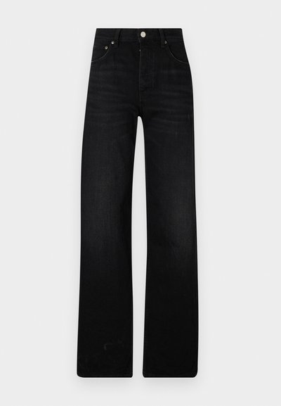 Μαύρα φαρδιά τζιν παντελόνια από τζιν. Διαθέτουν ψηλή μέση, δύο μπροστινές τσέπες και μεταλλικό κλείσιμο με κουμπί. Υφή με ελάχιστη φθορά.