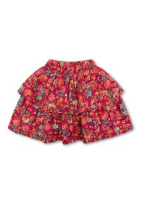 Bloemmotief rok in levendig roze met meerdere gerimpelde lagen. Heeft een elastische tailleband en kleurrijke bloemenpatronen overal.
