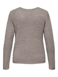 Long-sleeve sweater in light gray knit fabric. Features a round neckline and a textured, slightly loose design with ribbed cuffs.
