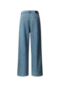 Wide-leg denim trousers in light blue, featuring two back pockets and a textured fabric. The waistband includes a brand tag.