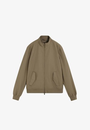 Khaki zip-up jacket with a stand collar, two angled front pockets with flaps, and elastic cuffs on long sleeves.