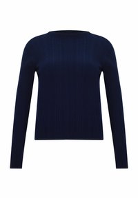 Marinblå ribbad tröja med långa ärmar, rund halsringning och en texturerad yta. Tillverkad av ett mjukt, stretchigt tyg.