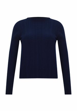 Maglione navy a coste con maniche lunghe, scollo rotondo e finitura testurizzata. Realizzato in un tessuto morbido e elastico.