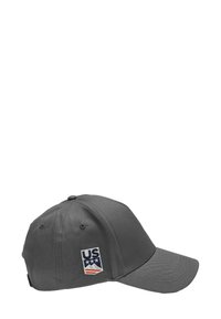 Berretto da baseball grigio con visiera curva, caratterizzato da un logo "US" ricamato con tre stelle e una grafica di montagna sul davanti.