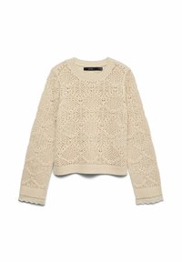 Pull en maille beige avec un motif ajouré en forme de losange, poignets et ourlet côtelés, et bordure festonnée sur les bords des manches.