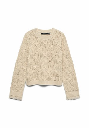 Pull en maille beige avec un motif ajouré en forme de losange, poignets et ourlet côtelés, et bordure festonnée sur les bords des manches.
