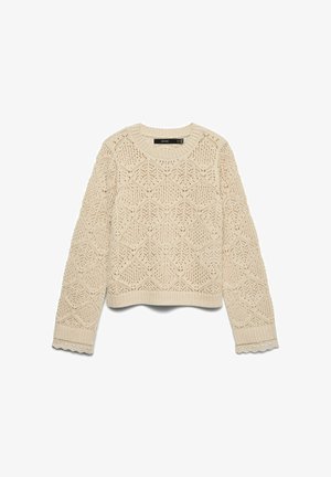 Beige strikket sweater med diamantformet hulmønster, ribbestrikkede manchetter og kant samt bølget afslutning på ærmekanterne.