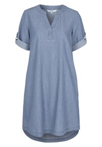 Světle modré džínové šaty do kolen s ohrnutými krátkými rukávy a výstřihem do V s malým límečkem.