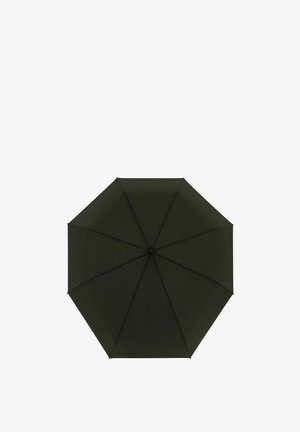 Ombrello verde scuro con otto pannelli, struttura in metallo nero e un hub centrale. Il tessuto è texture con una finitura liscia.