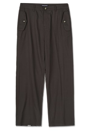 Ciemnobrązowe spodnie typu wide-leg wykonane z gładkiego materiału, z dwiema bocznymi kieszeniami zapinanymi na guziki oraz klasycznym fasonem pasa.