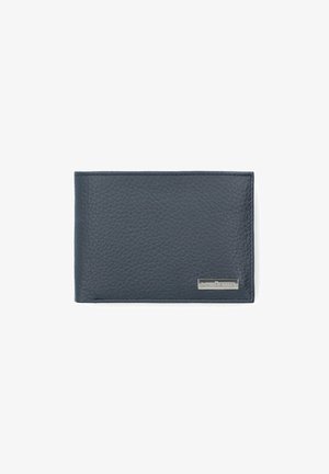 Ciemnoniebieski skórzany portfel o teksturowanej powierzchni, prostokątnym kształcie i srebrnym akcentem na froncie.