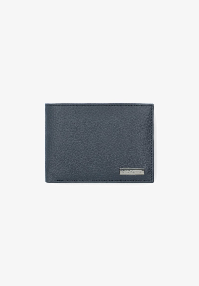 Ciemnoniebieski skórzany portfel o teksturowanej powierzchni, prostokątnym kształcie i srebrnym akcentem na froncie.