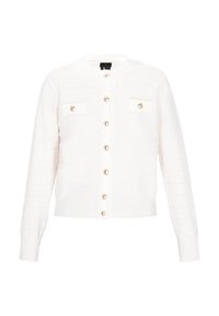 White knitted cardigan with a round neckline, golden buttons, and two front pockets. Textured stripes detail the fabric.