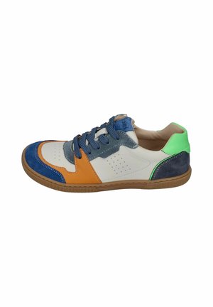 Low-top sneaker with white leather, blue and orange suede panels, green heel accent, blue laces, and brown rubber sole.