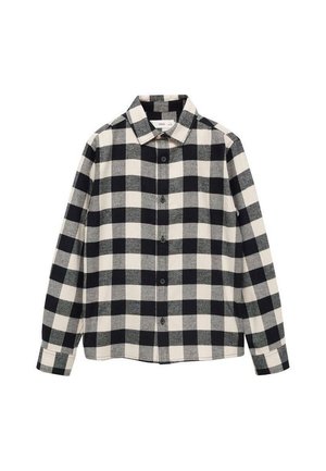 Koszula z długim rękawem zapinana na guziki, z dużym czarno-białym wzorem w kratę i klasycznym kołnierzem.