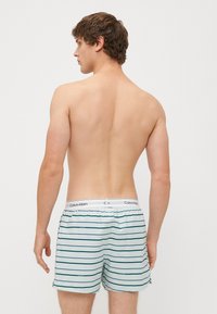 Prugasti kopalni hlačniki z svetlo modro podlago in temno zelenimi črtami; elastičen pas z logotipom "Calvin Klein"; mehak, gladek material.