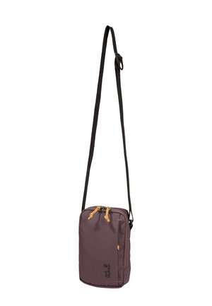 Small rectangular dark purple crossbody bag with black adjustable strap and yellow zipper pulls hanging against white background.