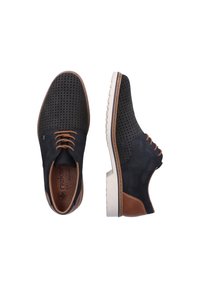 Schwarze Wildlederschuhe mit durchbrochenem Design, braunen Lederelementen und weißen Gummisohlen. Schnürstil mit gepolstertem Fußbett.