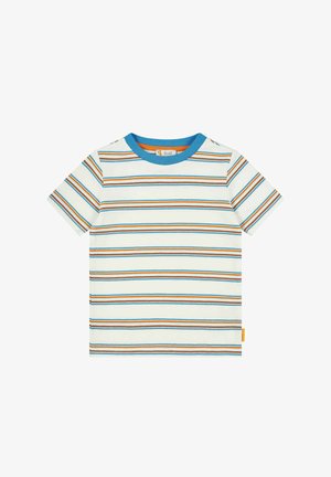 Krátký rukáv bavlněné tričko s horizontálními pruhy v oranžové, modré a hnědé na bílém pozadí. Modrý kulatý výstřih a detail boční etikety.