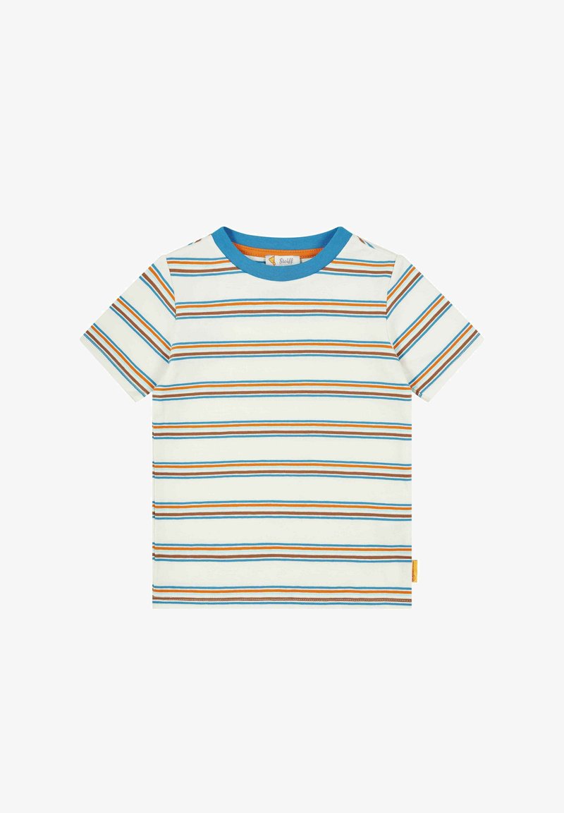 Krátký rukáv bavlněné tričko s horizontálními pruhy v oranžové, modré a hnědé na bílém pozadí. Modrý kulatý výstřih a detail boční etikety.