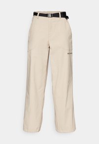 Beige cargo pants made from lightweight fabric, featuring a black belt, two front pockets, and a relaxed fit design.