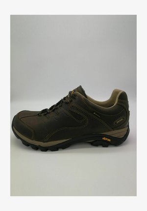 Brauner Wanderschuh mit einem strukturierten Lederoberteil, kontrastierenden tanfarbenen Akzenten, Schnürverschluss und Vibram-Laufsohle. Mit Gore-Tex-Branding.