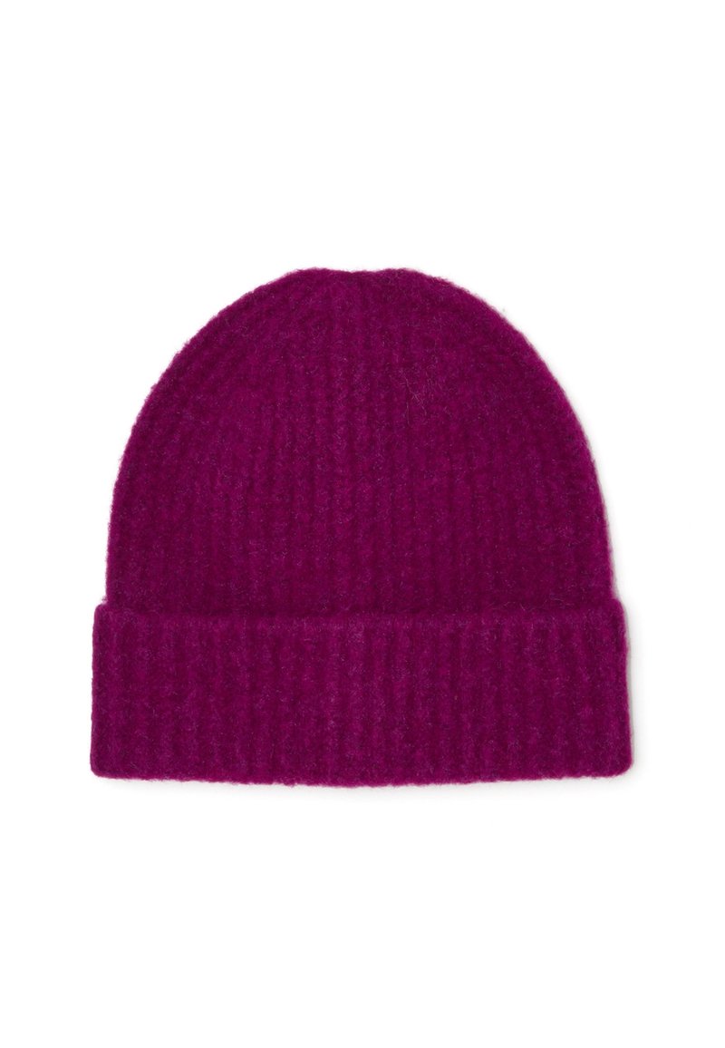 Berretto di lana lavorato a maglia di colore viola, con una texture a coste e un risvolto, realizzato in un morbido misto lana.