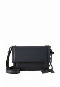 Leder-Umhängetasche, marineblau, strukturiertes Design, flache Vorderklappe, verstellbarer Riemen, glatte Textur, angebrachtes Etikett mit Logo.