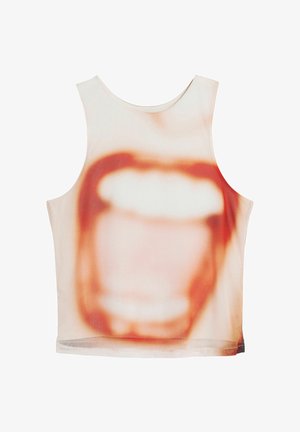 Ärm-lös topp med en stor mun-grafik i nyanser av beige och orange, tillverkad av ett mjukt material med en avslappnad passform.